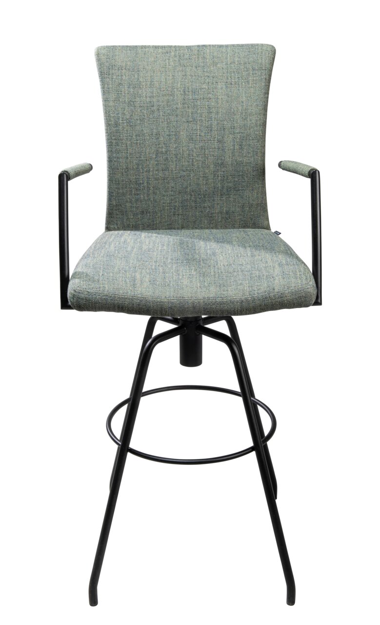 Moderne barkruk met groene stoffen bekleding en zwart metalen frame, vooraanzicht