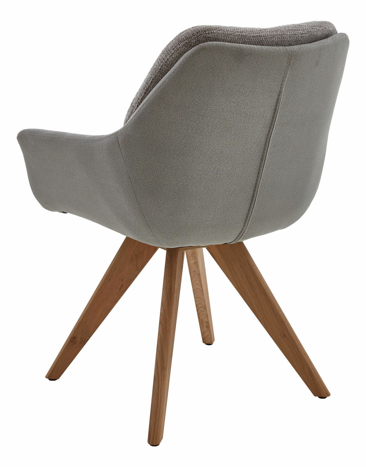 Rückansicht eines grauen Armlehnstuhls mit Holzbeinen, moderne und elegante Gestaltung.
