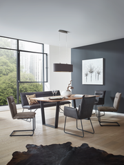 Moderner Essbereich mit einem rechteckigen Holztisch und vier Freischwinger-Stühlen in einem hellen Raum mit großen Fenstern, seitliche Perspektive.