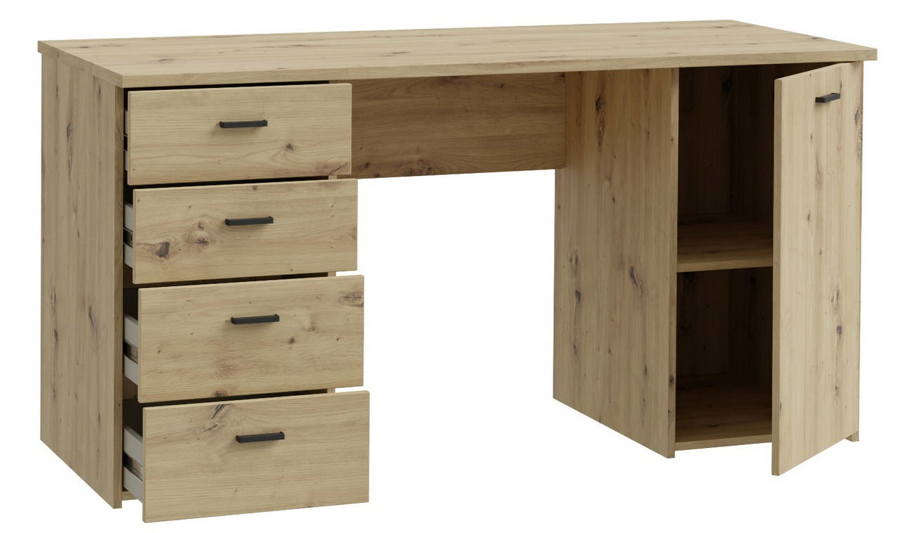 Schreibtisch aus Holz mit vier Schubladen auf der linken Seite und einem Schrank auf der rechten Seite, Perspektive von vorne.