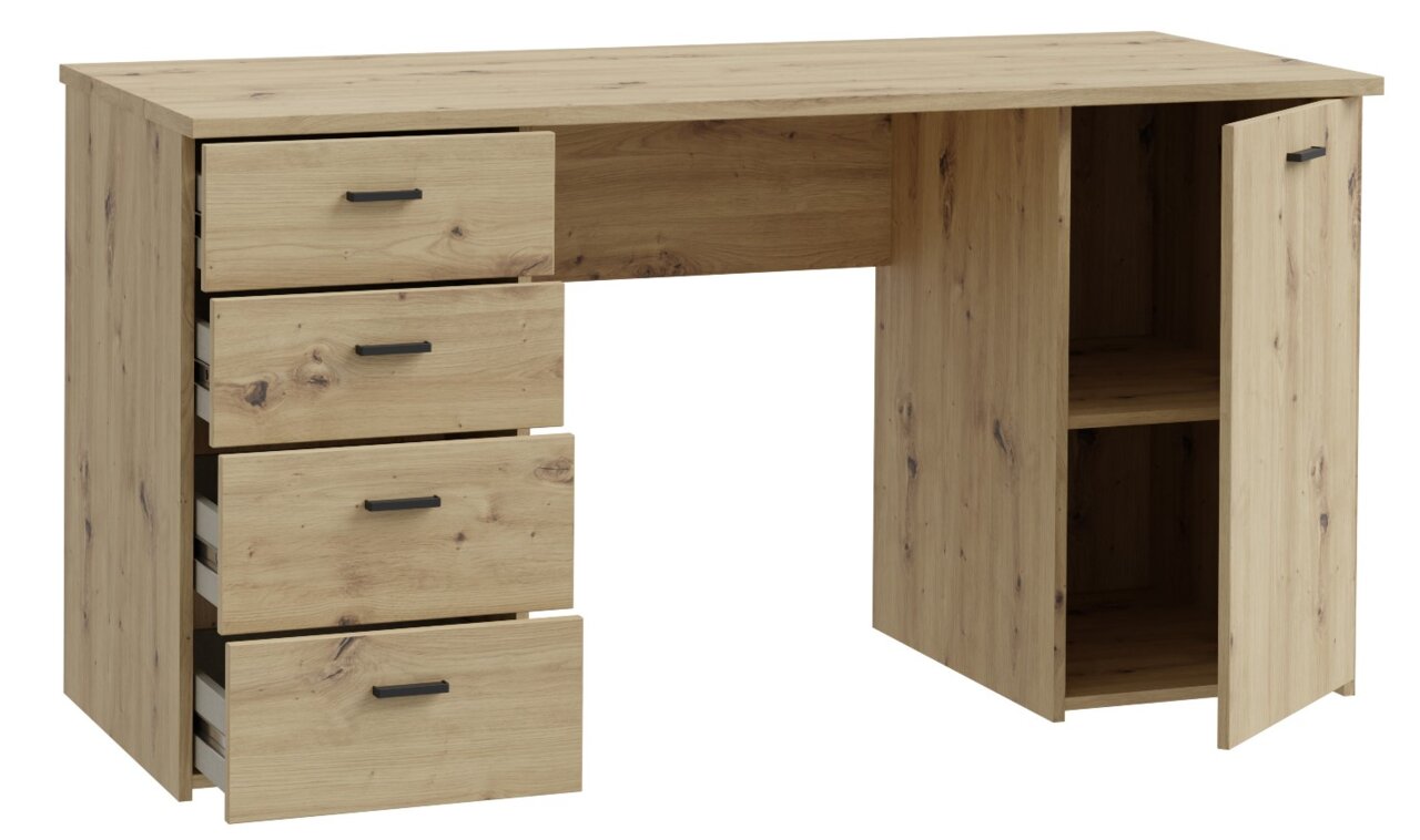 Houten bureau met vier lades aan de linkerkant en een kast aan de rechterkant, gezien van voren.