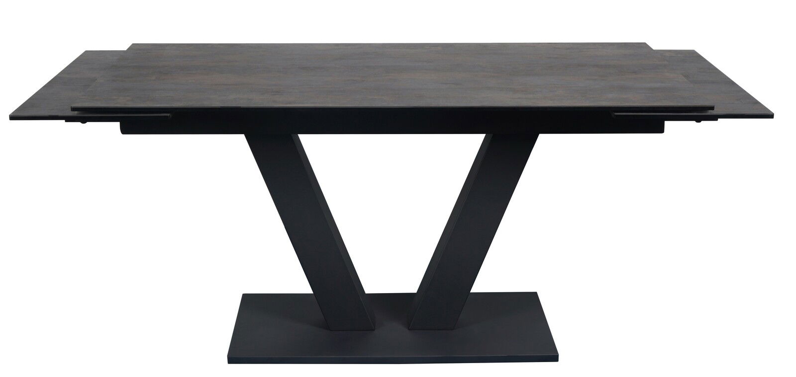 Moderner Esstisch mit dunkler Tischplatte und V-förmigem Gestell, seitliche Perspektive
