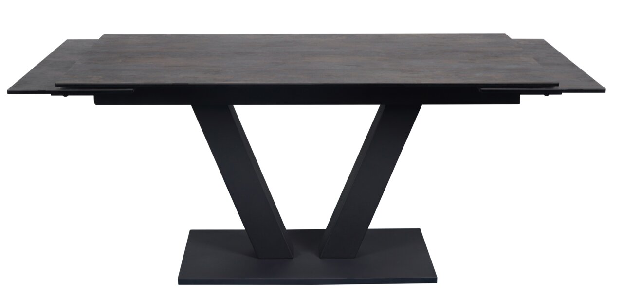 Moderner Esstisch mit dunkler Tischplatte und V-förmigem Gestell, seitliche Perspektive