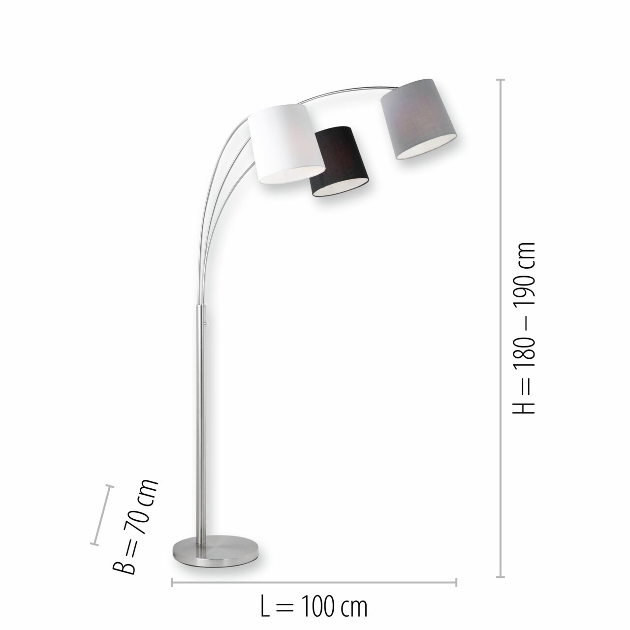 Stehleuchte MELVIN aus Stahl mit drei Lampenschirmen in Weiß, Schwarz und Grau, seitliche Perspektive