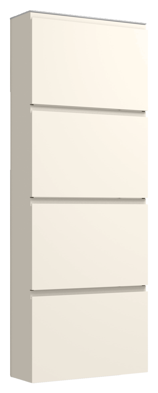 Moderano Hängeschuhschrank LECCO Hängeschuhschrank 4K-T33 in seitlicher Perspektive, vier Fächer, schlichtes Design in Weiß.