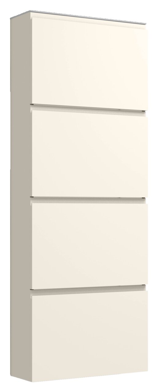 Moderano Hängeschuhschrank LECCO Hängeschuhschrank 4K-T33 in seitlicher Perspektive, vier Fächer, schlichtes Design in Weiß.