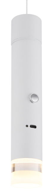 Zylindrische Akku-Pendelleuchte in Weiß mit USB-Anschluss und Schalter, seitliche Perspektive