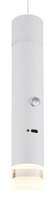 Zylindrische Akku-Pendelleuchte in Weiß mit USB-Anschluss und Schalter, seitliche Perspektive