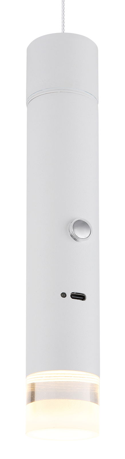 Zylindrische Akku-Pendelleuchte in Weiß mit USB-Anschluss und Schalter, seitliche Perspektive