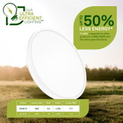 Weiße, runde LED-Leuchte von BRILONER in schräger Frontansicht, ultraeffizient mit 1.800 Lumen, 8,5 Watt und 4.000 Kelvin für bis zu 50 % weniger Energieverbrauch.