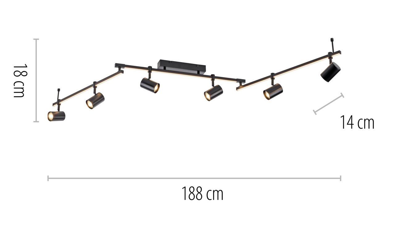 Zwarte plafondlamp met zes verstelbare spotjes, zijaanzicht, afmetingen: 188 cm lang, 18 cm hoog, 14 cm breed.