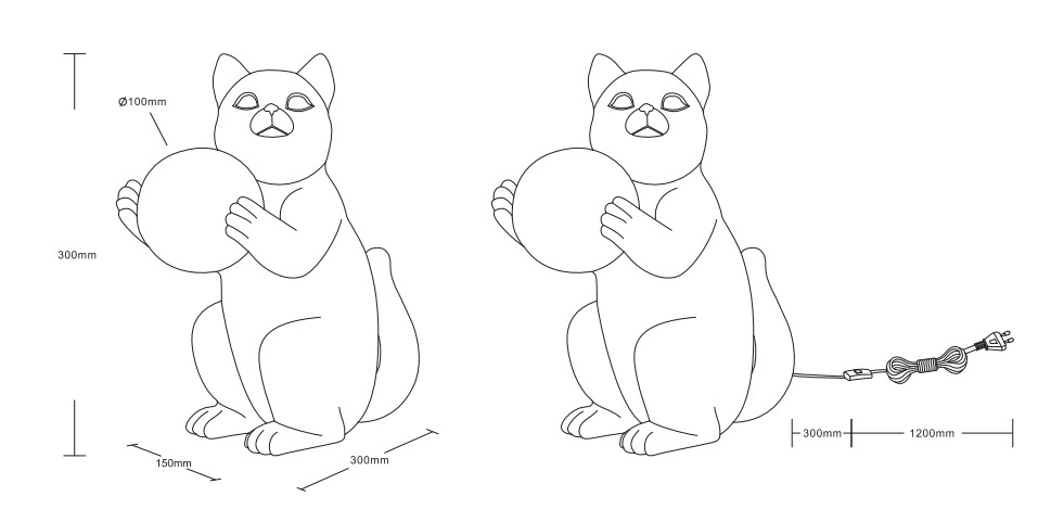 Skizze einer Tischleuchte in Form einer sitzenden Katze, die eine Kugel hält, mit Maßen und Kabelansicht.