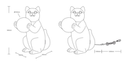 Skizze einer Tischleuchte in Form einer sitzenden Katze, die eine Kugel hält, mit Maßen und Kabelansicht.