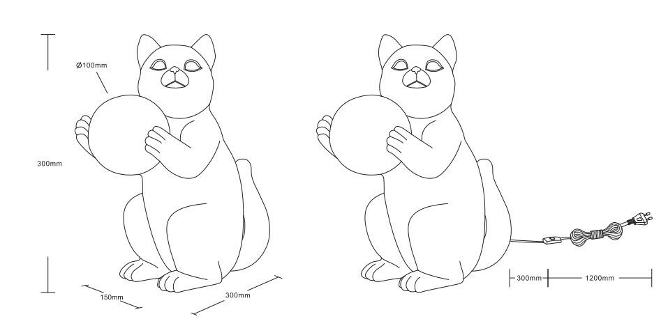 Skizze einer Tischleuchte in Form einer sitzenden Katze, die eine Kugel hält, mit Maßen und Kabelansicht.