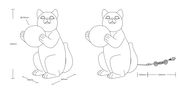 Skizze einer Tischleuchte in Form einer sitzenden Katze, die eine Kugel hält, mit Maßen und Kabelansicht.