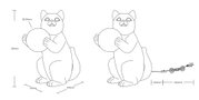 Skizze einer Tischleuchte in Form einer sitzenden Katze, die eine Kugel hält, mit Maßen und Kabelansicht.