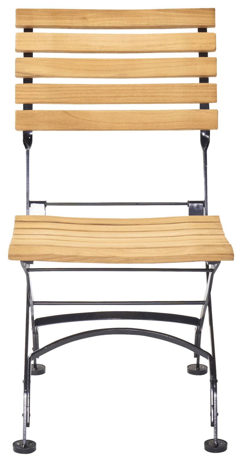Vorderansicht eines klappbaren Gartenstuhls mit Holzlatten und Metallrahmen