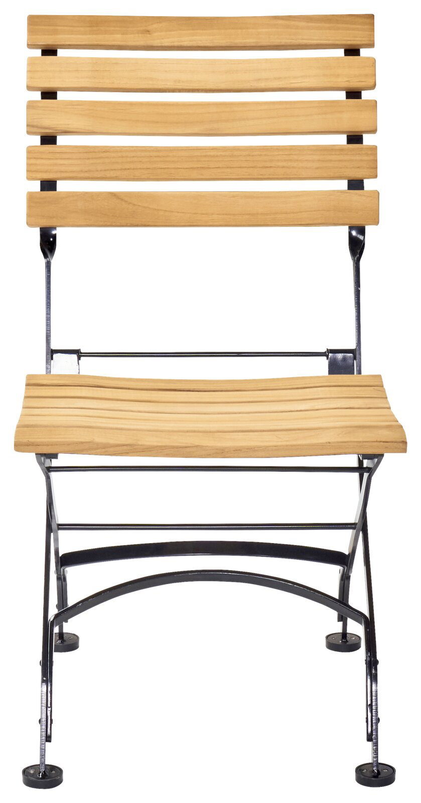 Vorderansicht eines klappbaren Gartenstuhls mit Holzlatten und Metallrahmen