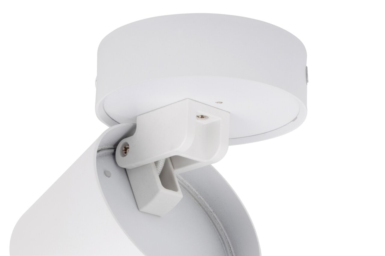 Close-up van een witte led-spotkop van onderaf, waarop de bevestiging en de zwenkbare arm te zien zijn.