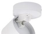 Close-up van een witte led-spotkop van onderaf, waarop de bevestiging en de zwenkbare arm te zien zijn.