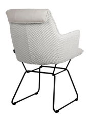 Rückansicht eines Armlehnstuhls mit weißem, strukturiertem Stoffbezug und schwarzem Metallgestell.