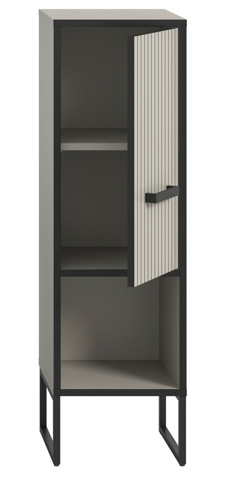 Moderner Standschrank mit offener Tür, graue und schwarze Farbtöne, Frontansicht