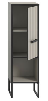 Moderner Standschrank mit offener Tür, graue und schwarze Farbtöne, Frontansicht