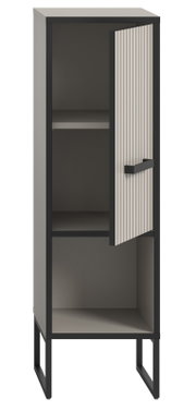 Moderner Standschrank mit offener Tür, graue und schwarze Farbtöne, Frontansicht