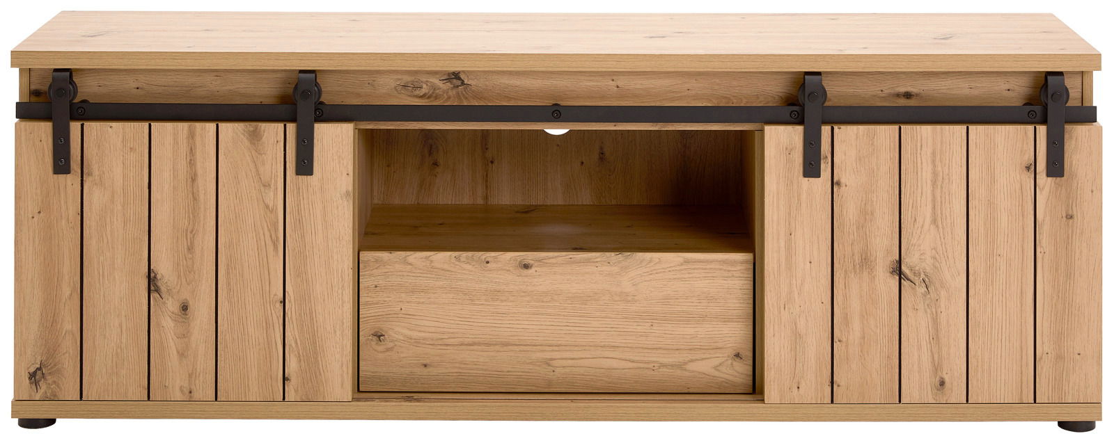 Frontale Ansicht eines Lowboards aus Holz mit Schiebetüren und einem offenen Fach in der Mitte.