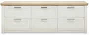 Frontale Ansicht eines weißen Sideboards mit sechs Schubladen und einer Holzplatte.