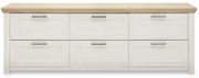 Frontale Ansicht eines weißen Sideboards mit sechs Schubladen und einer Holzplatte.