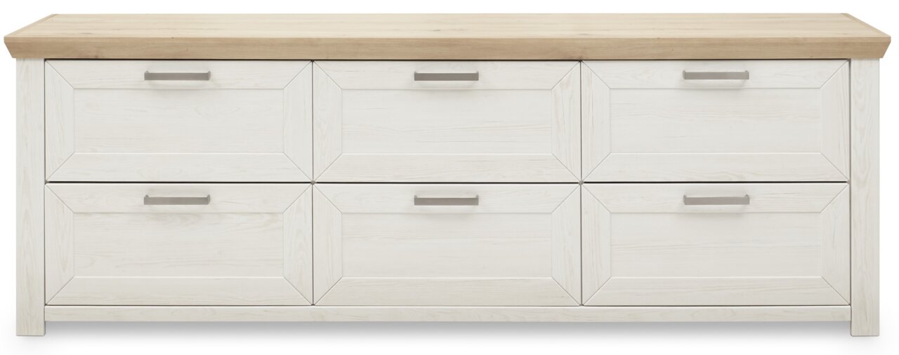 Frontale Ansicht eines weißen Sideboards mit sechs Schubladen und einer Holzplatte.