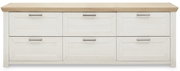 Frontale Ansicht eines weißen Sideboards mit sechs Schubladen und einer Holzplatte.