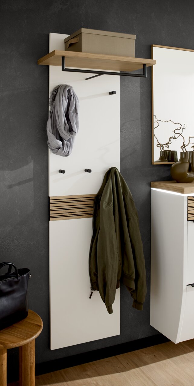 Dieter Knoll Garderobenpaneel lang ARCO NOVA Garderobenpaneel in modernem Design mit Ablage, Haken und Kleiderstange, seitliche Perspektive