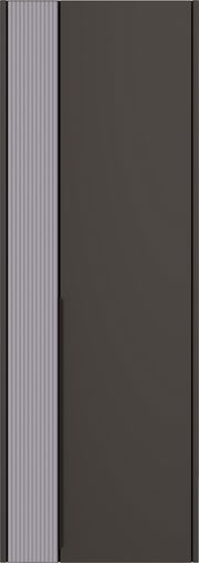 Frontansicht eines modernen Hängegarderobenschranks mit einer geriffelten linken Tür und einer glatten rechten Tür in dunkler Farbe.