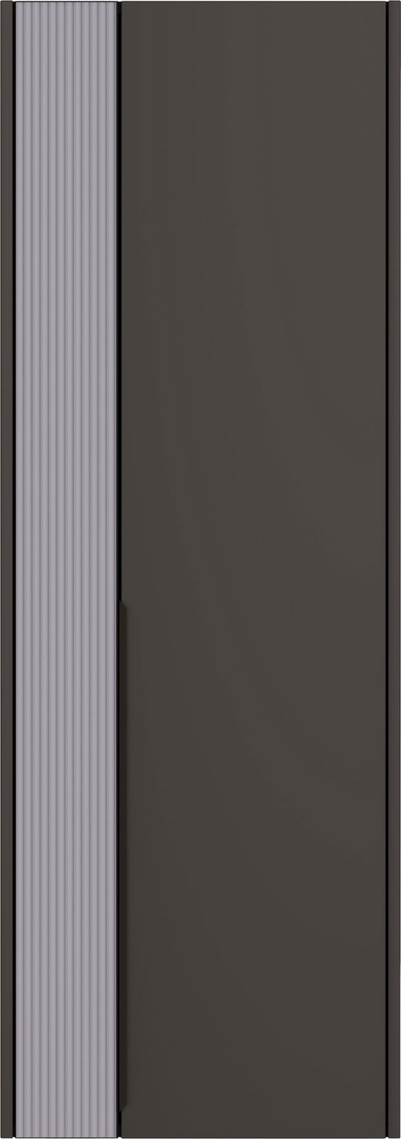 Frontansicht eines modernen Hängegarderobenschranks mit einer geriffelten linken Tür und einer glatten rechten Tür in dunkler Farbe.