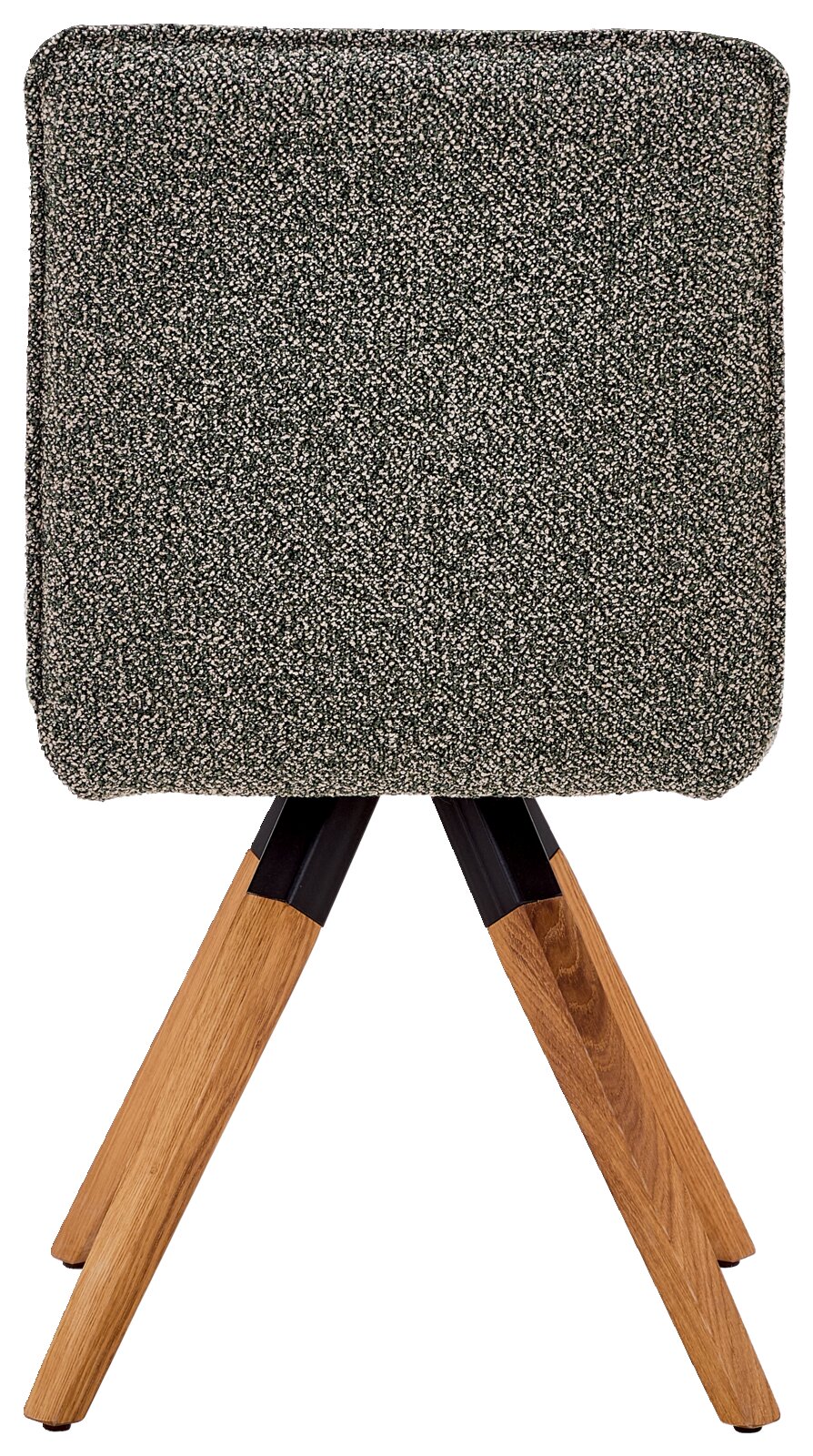 Gepolsterter Hocker mit quadratischer, grau melierter Sitzfläche und schräg gestellten Holzbeinen mit schwarzen Akzenten, frontale Ansicht.