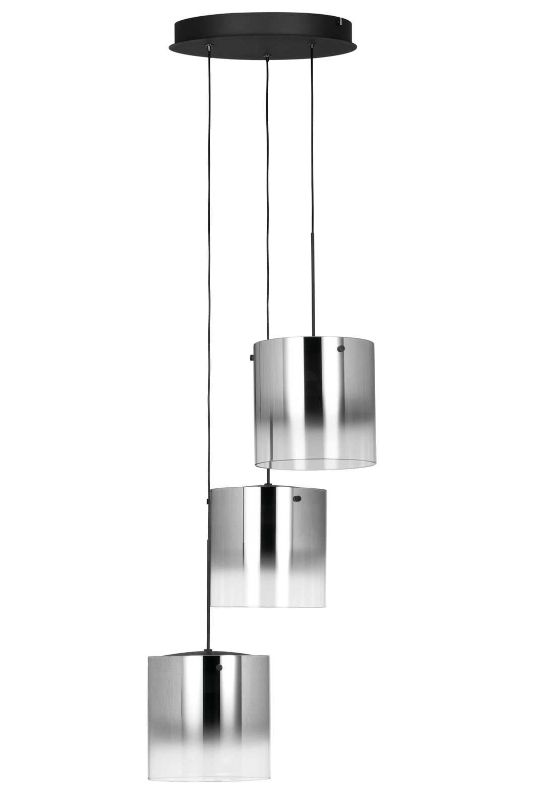 Moderne LED-Hängeleuchte mit drei zylindrischen, metallischen Schirmen in einer vertikalen Anordnung, seitliche Perspektive.