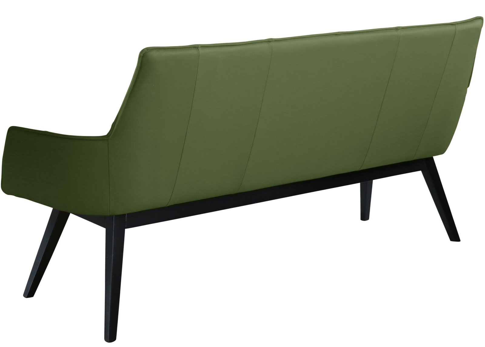 Rückansicht einer modernen grünen Bank mit schwarzen Beinen, perspektivisch von hinten fotografiert.