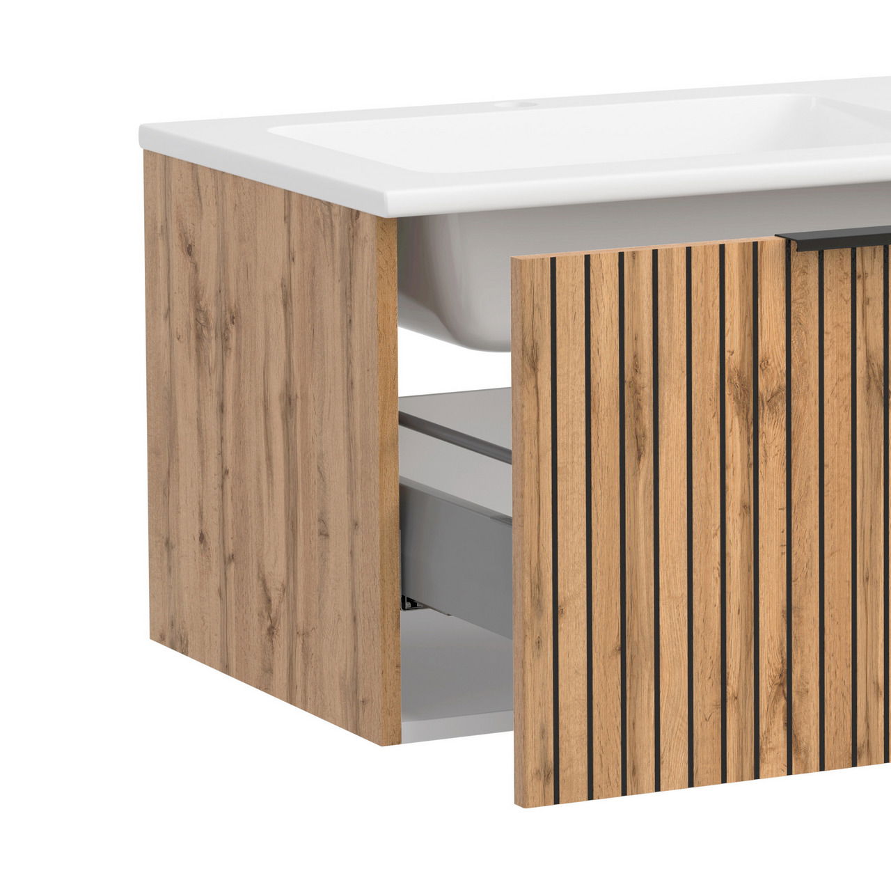 Teilansicht eines Spiegelschranks mit Holzoptik und weißen Elementen, perspektivisch von der Seite fotografiert.