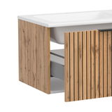 Teilansicht eines Spiegelschranks mit Holzoptik und weißen Elementen, perspektivisch von der Seite fotografiert.