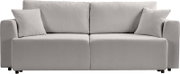 Hellgraues 2-Sitzer-Sofa mit zwei Rückenkissen und zwei Zierkissen, frontale Ansicht vor weißem Hintergrund
