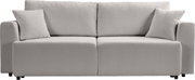 Hellgraues 2-Sitzer-Sofa mit zwei Rückenkissen und zwei Zierkissen, frontale Ansicht vor weißem Hintergrund