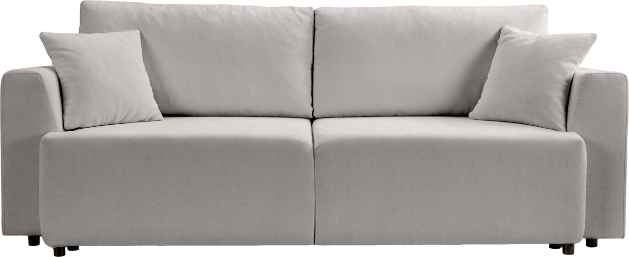 Hellgraues 2-Sitzer-Sofa mit zwei Rückenkissen und zwei Zierkissen, frontale Ansicht vor weißem Hintergrund