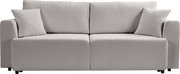 Hellgraues 2-Sitzer-Sofa mit zwei Rückenkissen und zwei Zierkissen, frontale Ansicht vor weißem Hintergrund