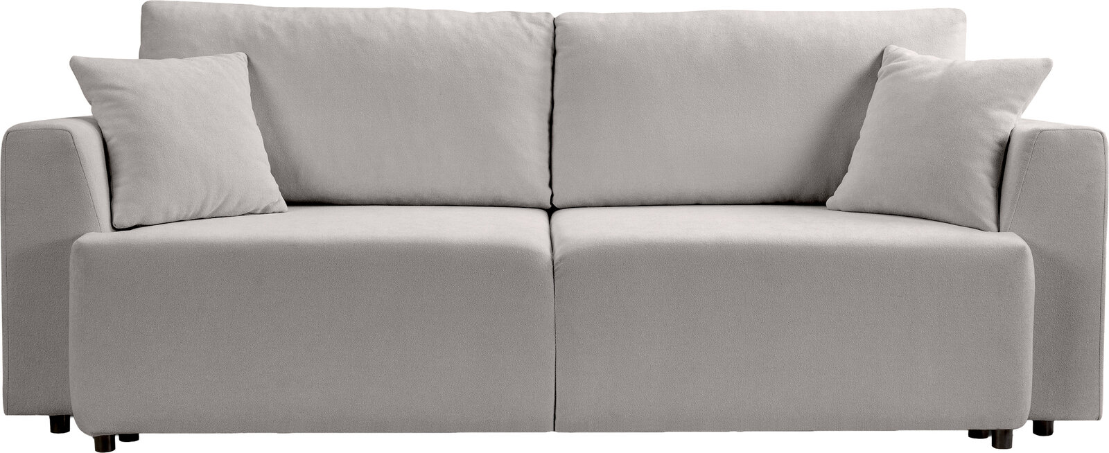 Hellgraues 2-Sitzer-Sofa mit zwei Rückenkissen und zwei Zierkissen, frontale Ansicht vor weißem Hintergrund