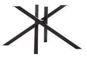 Schwarzes Metallgestell eines Esstisches in moderner, gekreuzter Form, seitliche Perspektive.
