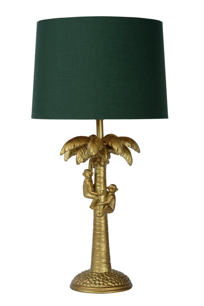 Goldene Tischlampe in Form einer Palme mit zwei Affen, die den Stamm hinaufklettern, und einem grünen Lampenschirm, frontal betrachtet.