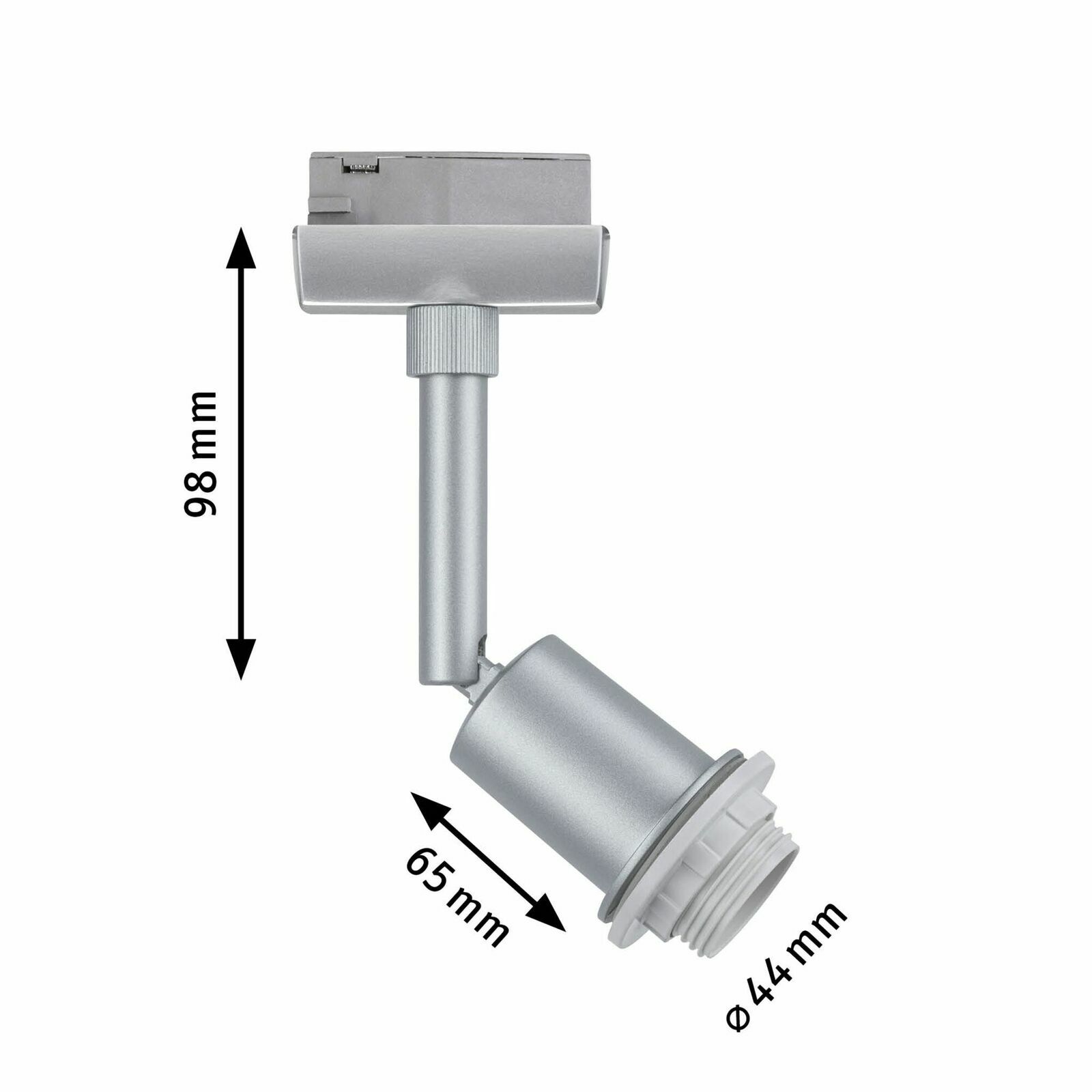 Silberner Basisspot mit verstellbarem Kopf, seitliche Ansicht, Maße: 98 mm Höhe, 65 mm Länge, 44 mm Durchmesser.