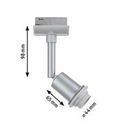 Silberner Basisspot mit verstellbarem Kopf, seitliche Ansicht, Maße: 98 mm Höhe, 65 mm Länge, 44 mm Durchmesser.
